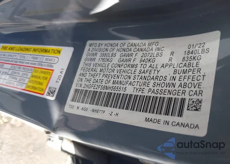 2022 Honda Civic Sport z USA, uszkodzony, nr VIN 2HGFE2F58NH565515